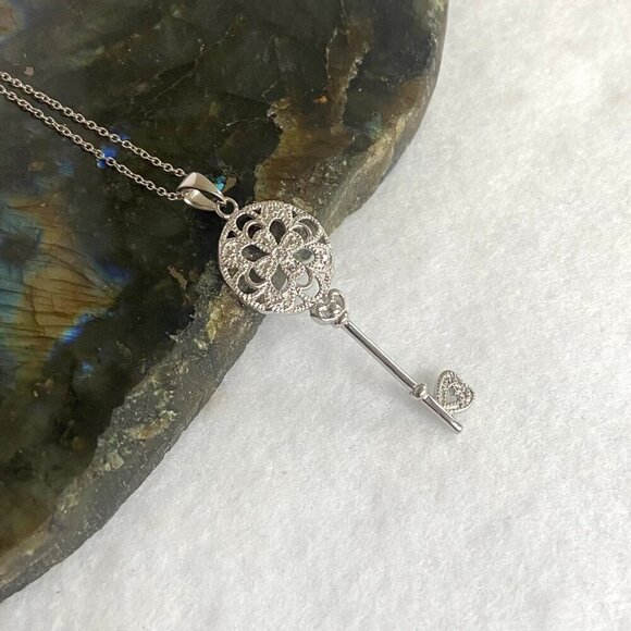Sterling Silver 925 JCM Floral Filigree Diamond Heart Key Pendant Necklace 18" - Picture 6 of 16